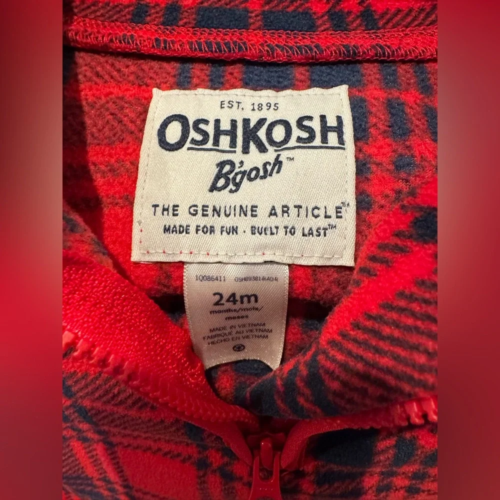 OshKosh B’Gosh Red and Navy Plaid Fleece 3/4 Zip Pullover - 24 Months LIKE NEW